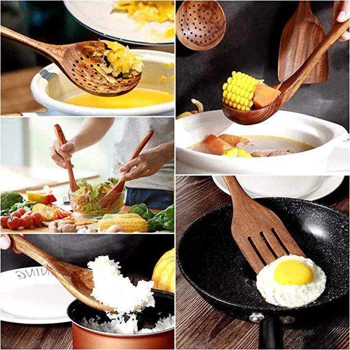 Natural Teak Wooden Kitchen Utensil Set – Eco-Friendly Cooking Spoons Non-Stick Safe 2026