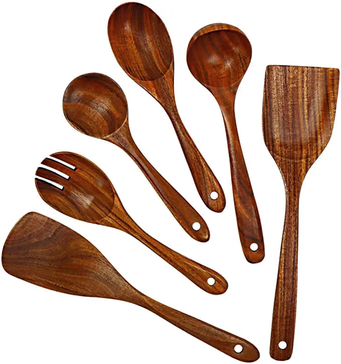 Natural Teak Wooden Kitchen Utensil Set – Eco-Friendly Cooking Spoons Non-Stick Safe 2026