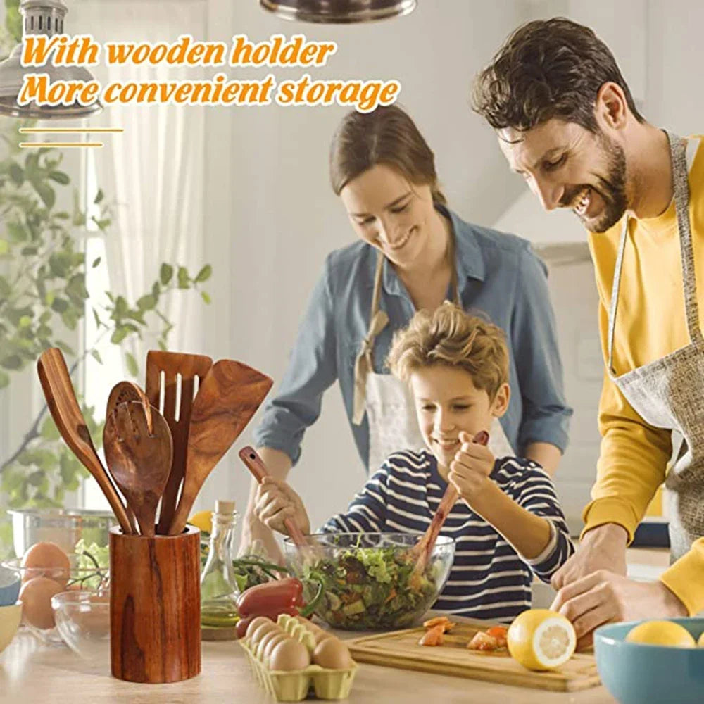 Natural Teak Wooden Kitchen Utensil Set – Eco-Friendly Cooking Spoons Non-Stick Safe 2026
