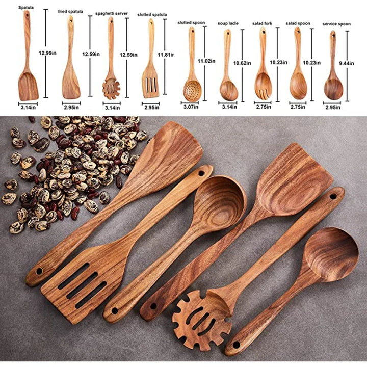 Natural Teak Wooden Kitchen Utensil Set – Eco-Friendly Cooking Spoons Non-Stick Safe 2026