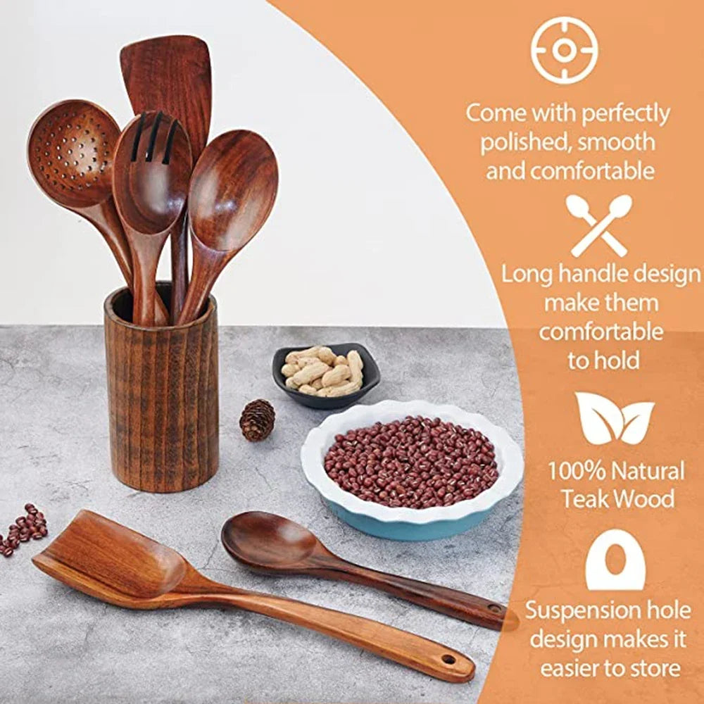 Natural Teak Wooden Kitchen Utensil Set – Eco-Friendly Cooking Spoons Non-Stick Safe 2026