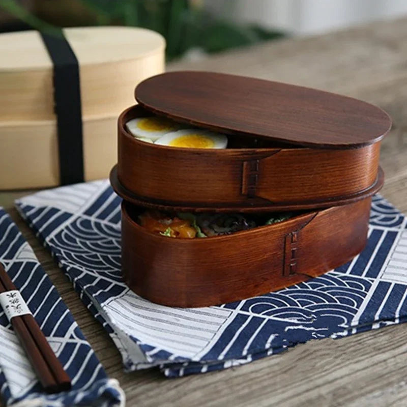 Wooden Japanese Style Bento Box Double-Layer Lunch Container for Workers &amp; Students