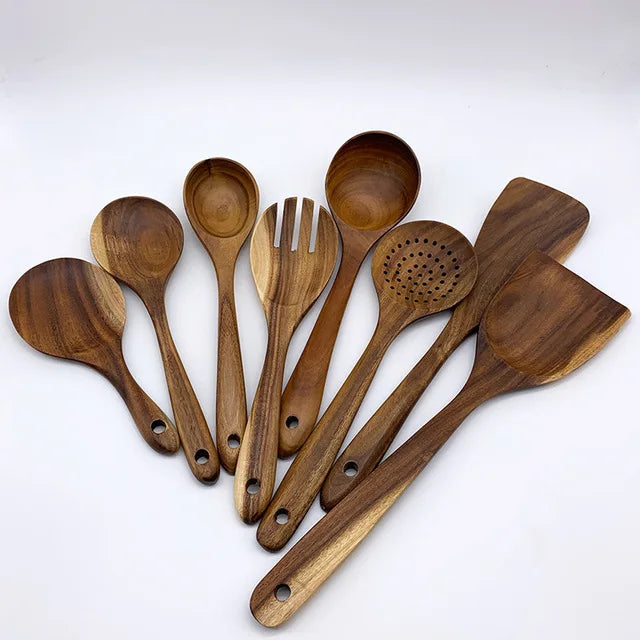 Natural Teak Wooden Kitchen Utensil Set – Eco-Friendly Cooking Spoons Non-Stick Safe 2026