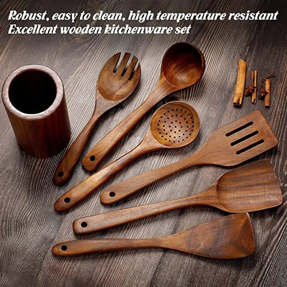 Natural Teak Wooden Kitchen Utensil Set – Eco-Friendly Cooking Spoons Non-Stick Safe 2026