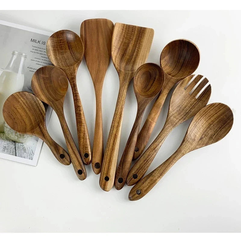 Natural Teak Wooden Kitchen Utensil Set – Eco-Friendly Cooking Spoons Non-Stick Safe 2026