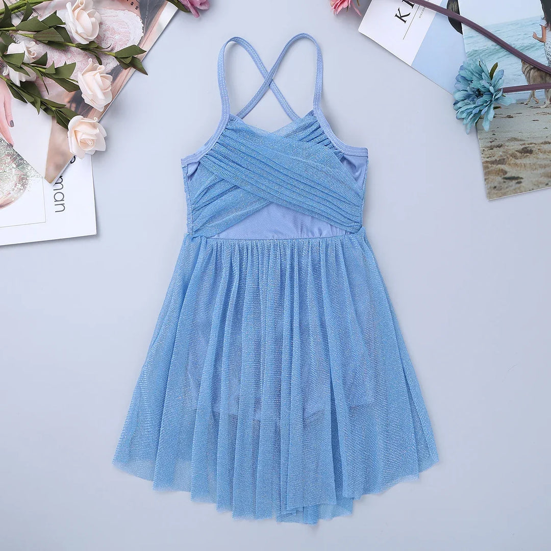 Lightweight Girls’ Dance Dress – Lyrical, Glitter Mesh, Polyester, For Ballet, Gymnastics
