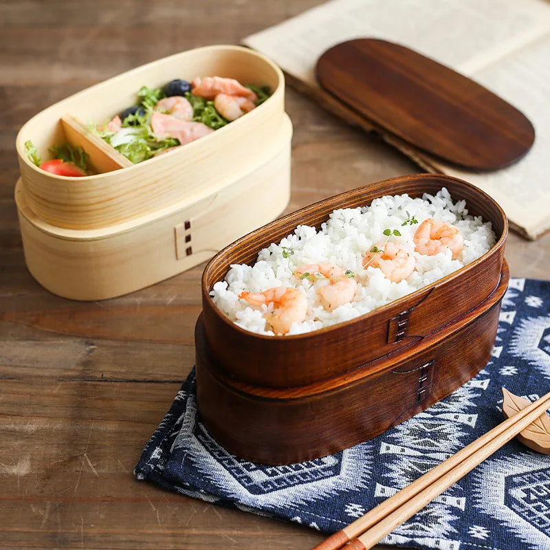 Wooden Japanese Style Bento Box Double-Layer Lunch Container for Workers &amp; Students