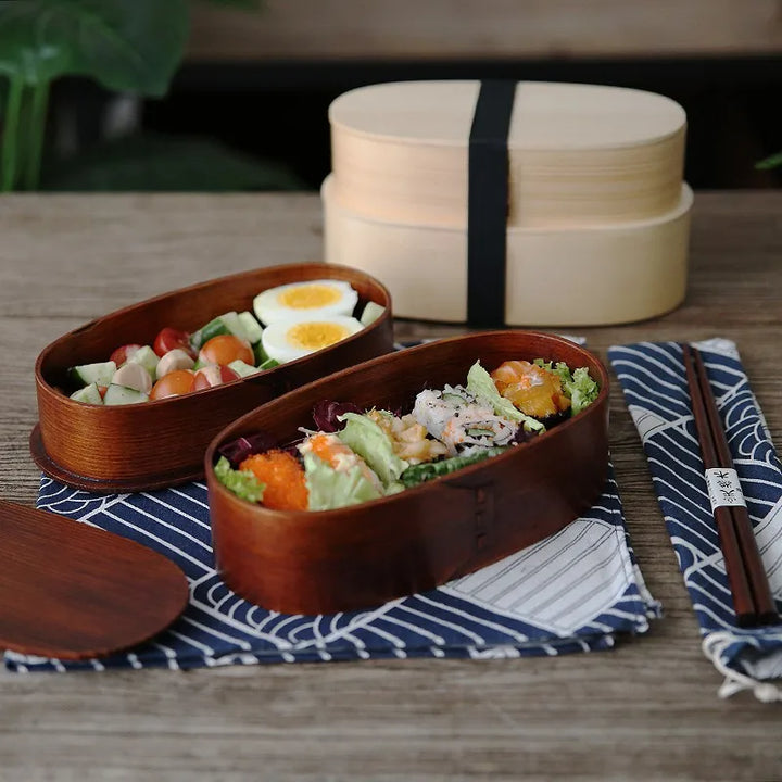 Wooden Japanese Style Bento Box Double-Layer Lunch Container for Workers &amp; Students