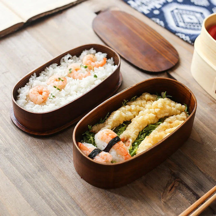 Wooden Japanese Style Bento Box Double-Layer Lunch Container for Workers &amp; Students