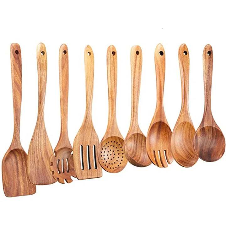 Natural Teak Wooden Kitchen Utensil Set – Eco-Friendly Cooking Spoons Non-Stick Safe 2026