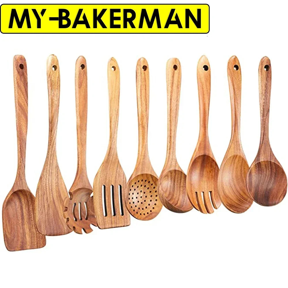 Natural Teak Wooden Kitchen Utensil Set – Eco-Friendly Cooking Spoons Non-Stick Safe 2026