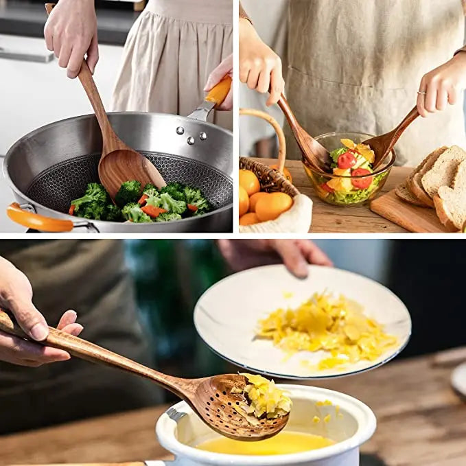 Natural Teak Wooden Kitchen Utensil Set – Eco-Friendly Cooking Spoons Non-Stick Safe 2026
