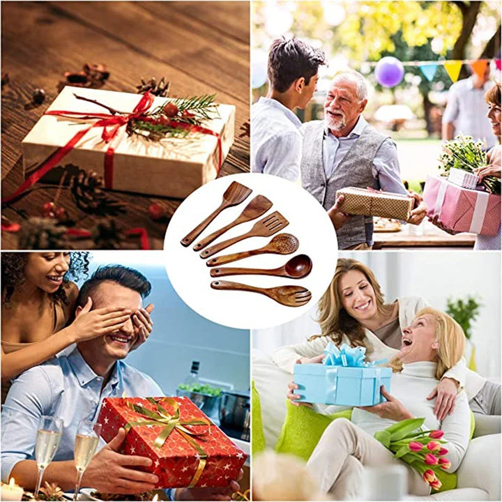 Natural Teak Wooden Kitchen Utensil Set – Eco-Friendly Cooking Spoons Non-Stick Safe 2026
