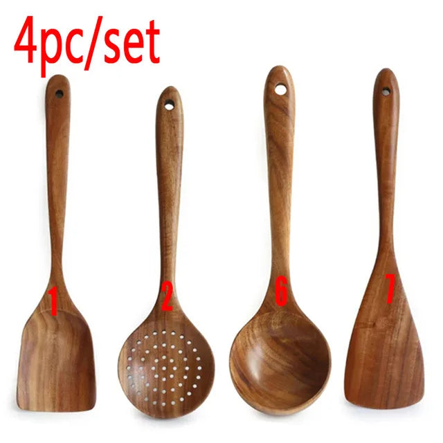 Natural Teak Wooden Kitchen Utensil Set – Eco-Friendly Cooking Spoons Non-Stick Safe 2026