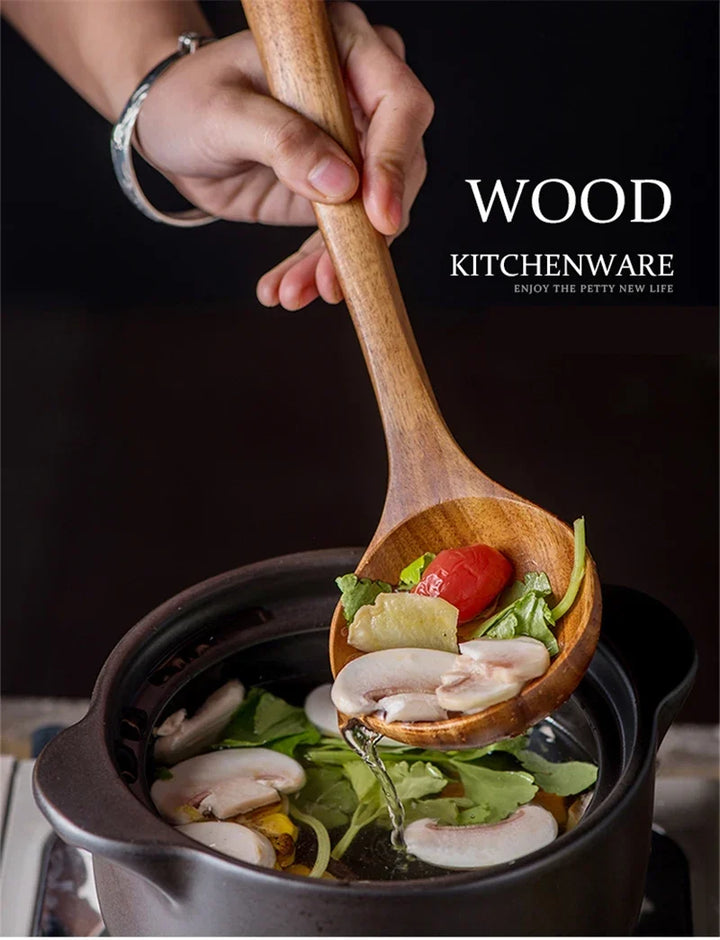 Natural Teak Wooden Kitchen Utensil Set – Eco-Friendly Cooking Spoons Non-Stick Safe 2026