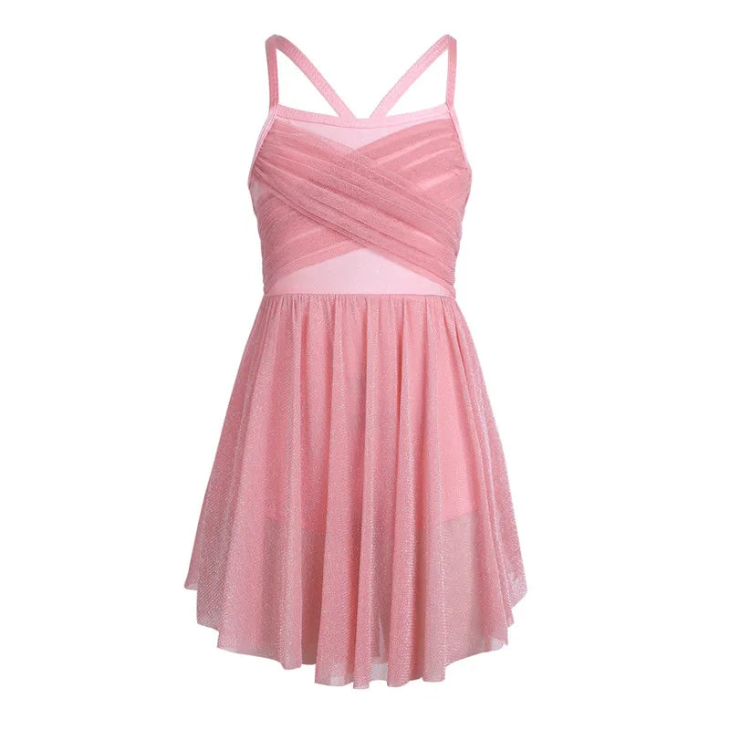 Lightweight Girls’ Dance Dress – Lyrical, Glitter Mesh, Polyester, For Ballet, Gymnastics