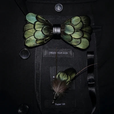 Green Birds Feather Bow Tie Set - Handmade Wood Gift Box for Men, Wedding Party