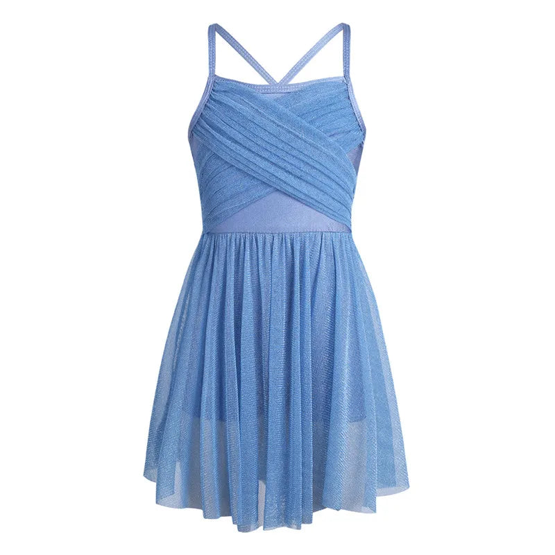 Lightweight Girls’ Dance Dress – Lyrical, Glitter Mesh, Polyester, For Ballet, Gymnastics