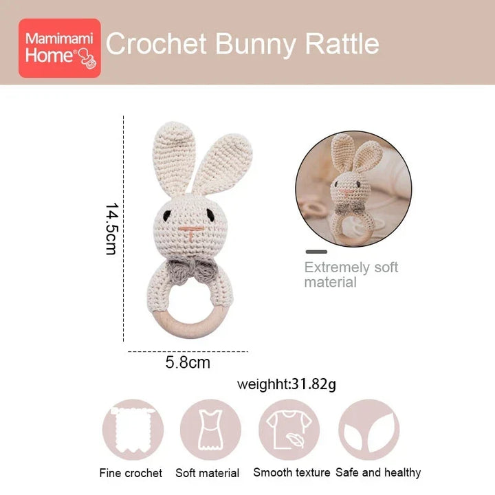 Wooden Crochet Baby Teether Rattle Toy, BPA-Free Infant Teething Toy for Newborns, Safe and Engaging Multi-Functional Design