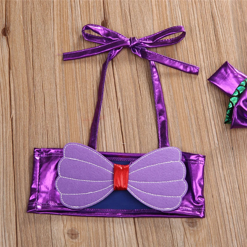 Lightweight girls mermaid bikini set - lace-up 3D bow top, triangle briefs, elastic headband, polyester, summer swimwear