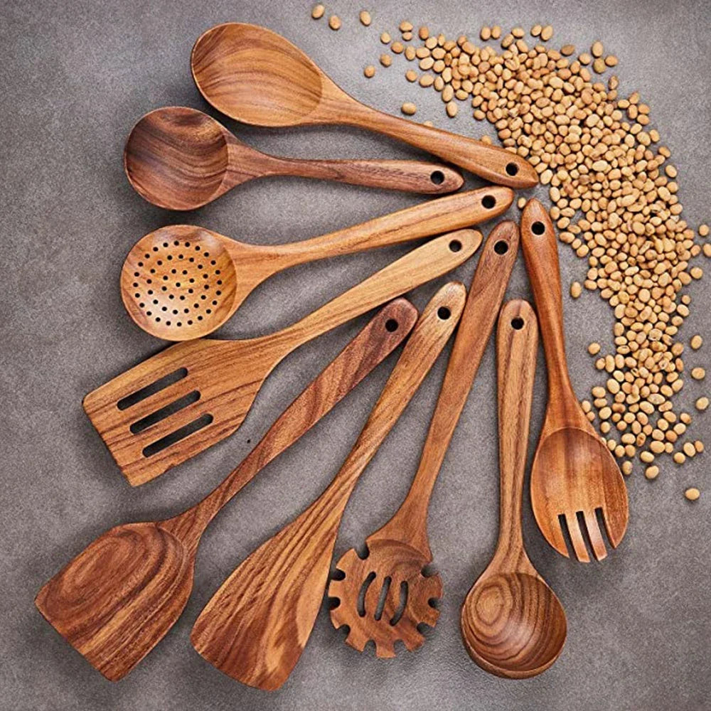 Natural Teak Wooden Kitchen Utensil Set – Eco-Friendly Cooking Spoons Non-Stick Safe 2026