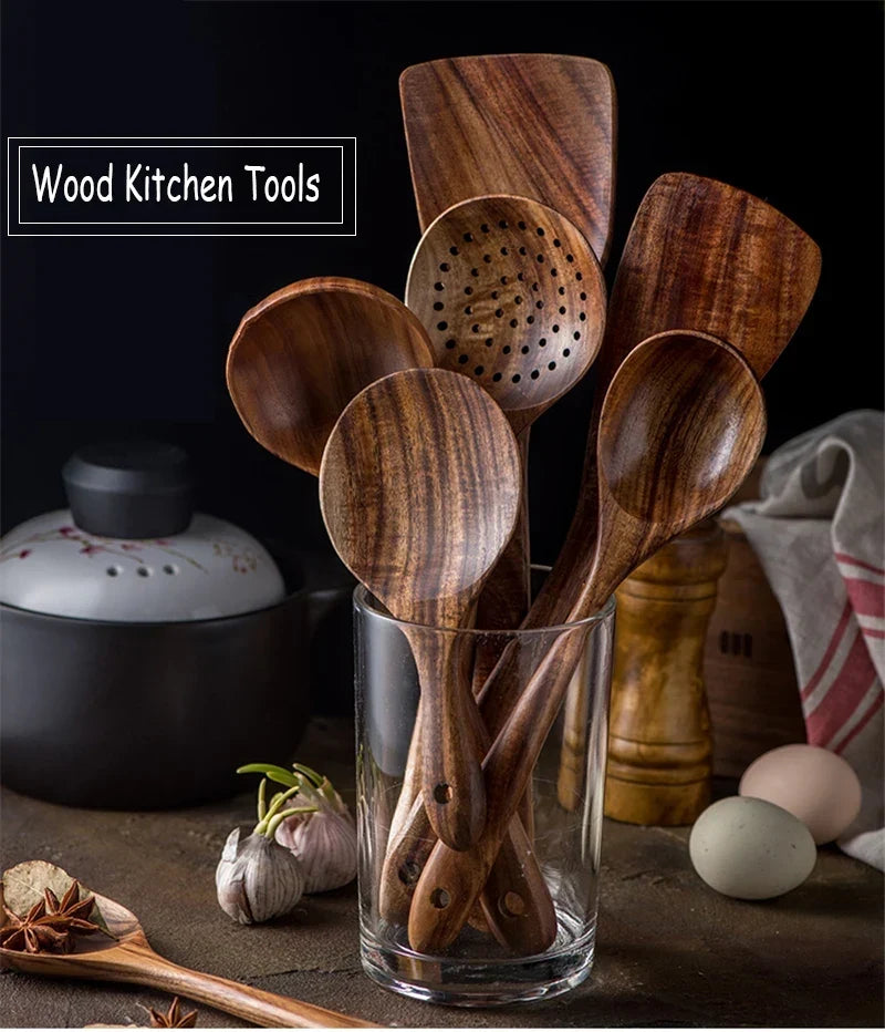 Natural Teak Wooden Kitchen Utensil Set – Eco-Friendly Cooking Spoons Non-Stick Safe 2026