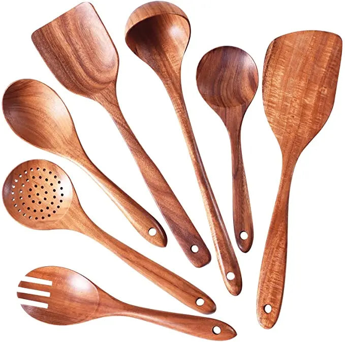 Natural Teak Wooden Kitchen Utensil Set – Eco-Friendly Cooking Spoons Non-Stick Safe 2026