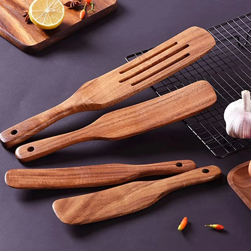 Natural Teak Wooden Kitchen Utensil Set – Eco-Friendly Cooking Spoons Non-Stick Safe 2026