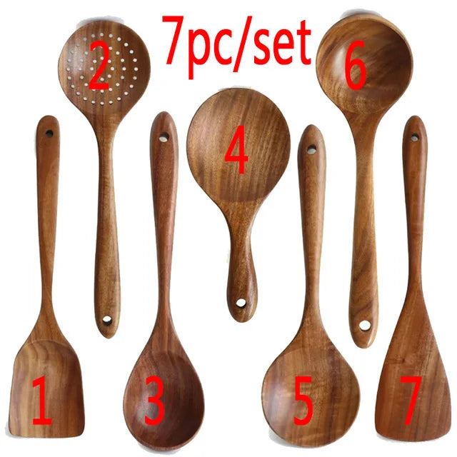 Natural Teak Wooden Kitchen Utensil Set – Eco-Friendly Cooking Spoons Non-Stick Safe 2026