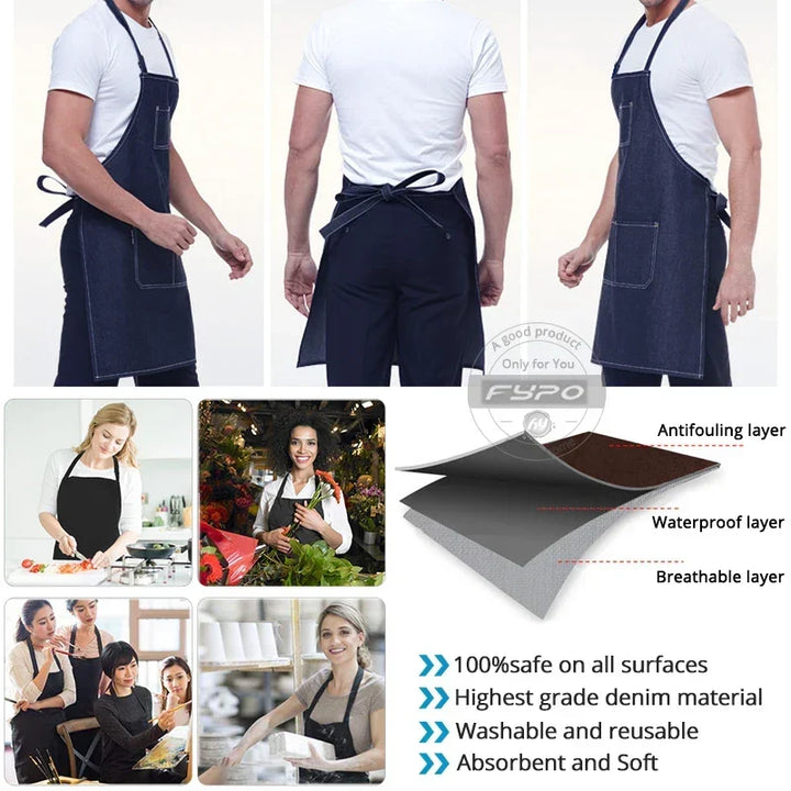 Denim Apron Adjustable Neck Bib Apron Durable Barista Kitchen Apron Fall 2025 Hygienic Workwear With Pockets