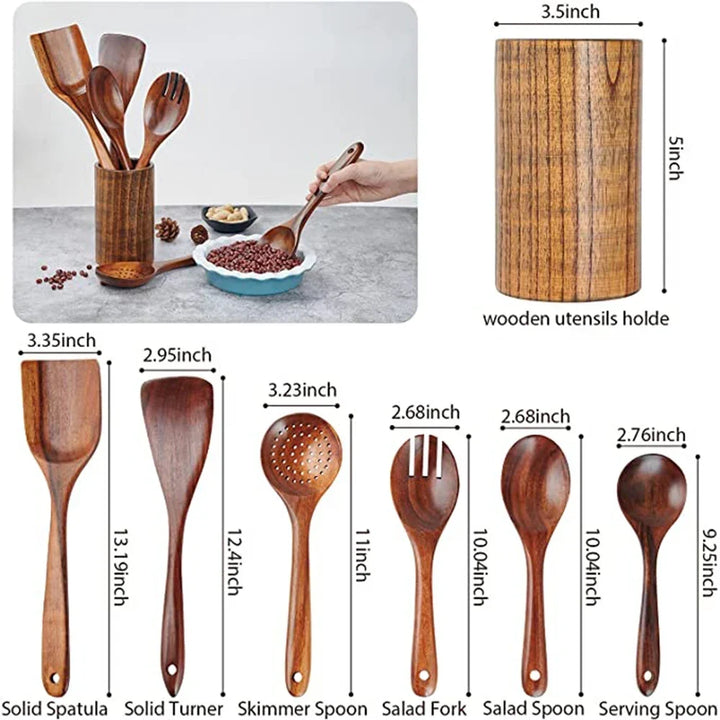 Natural Teak Wooden Kitchen Utensil Set – Eco-Friendly Cooking Spoons Non-Stick Safe 2026