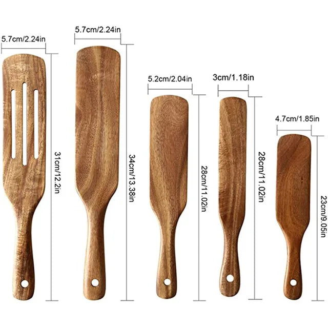 Natural Teak Wooden Kitchen Utensil Set – Eco-Friendly Cooking Spoons Non-Stick Safe 2026