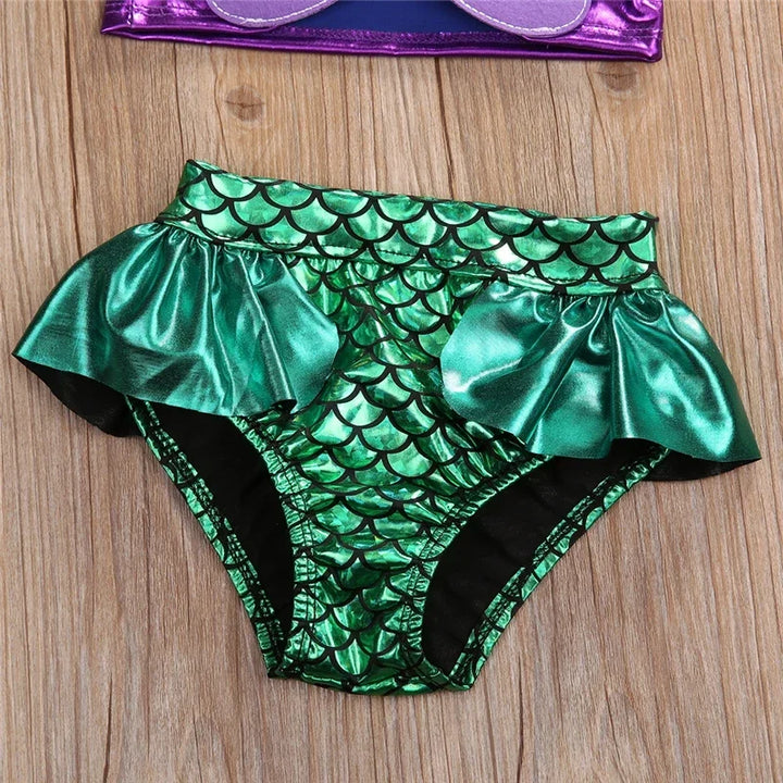 Lightweight girls mermaid bikini set - lace-up 3D bow top, triangle briefs, elastic headband, polyester, summer swimwear