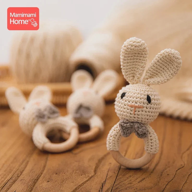 Wooden Crochet Baby Teether Rattle Toy, BPA-Free Infant Teething Toy for Newborns, Safe and Engaging Multi-Functional Design