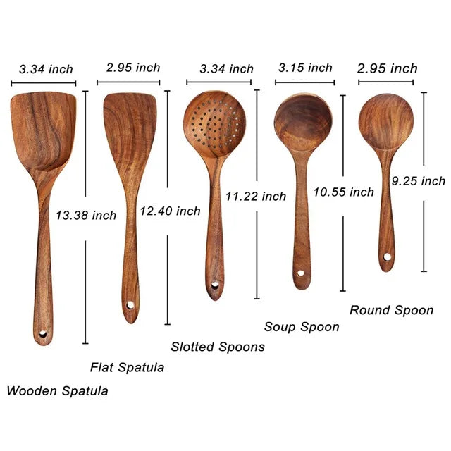 Natural Teak Wooden Kitchen Utensil Set – Eco-Friendly Cooking Spoons Non-Stick Safe 2026