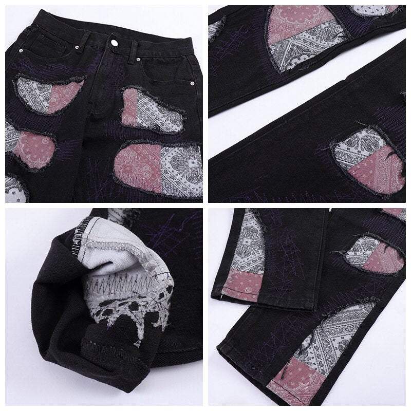 Unique Bandana Patchwork Jeans for Men and Women, Various Fits in Classic Blue Denim and Bold Black Wash