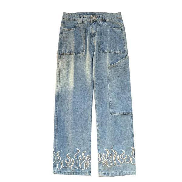 Flame Print Jeans for Men and Women, Stylish Denim with Bold Flame Designs, Available in Various Fits and colors