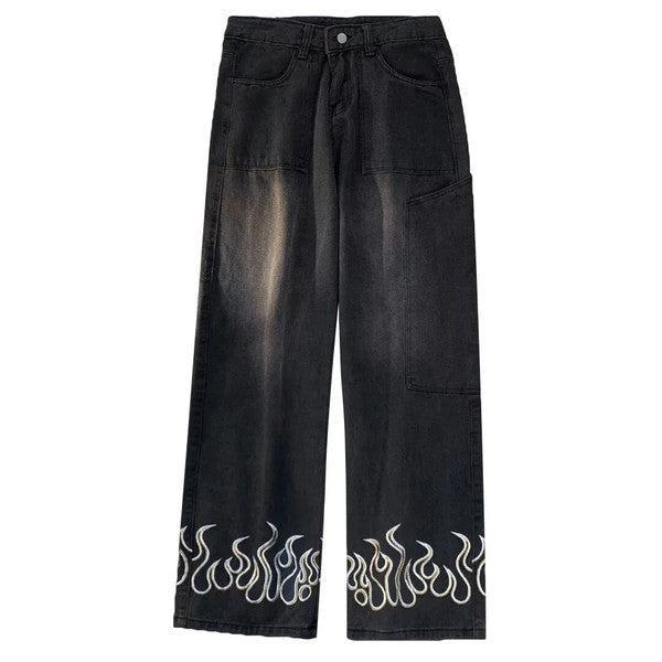 Flame Print Jeans for Men and Women, Stylish Denim with Bold Flame Designs, Available in Various Fits and colors
