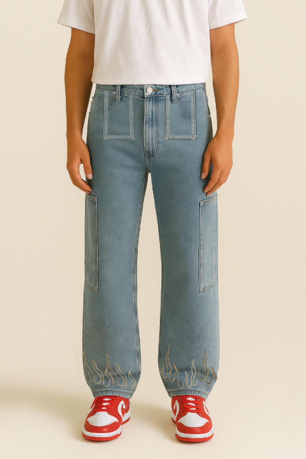 Flame Print Jeans for Men and Women, Stylish Denim with Bold Flame Designs, Available in Various Fits and colors