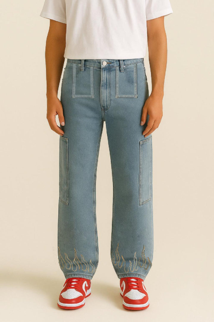 Flame Print Jeans for Men and Women, Stylish Denim with Bold Flame Designs, Available in Various Fits and colors