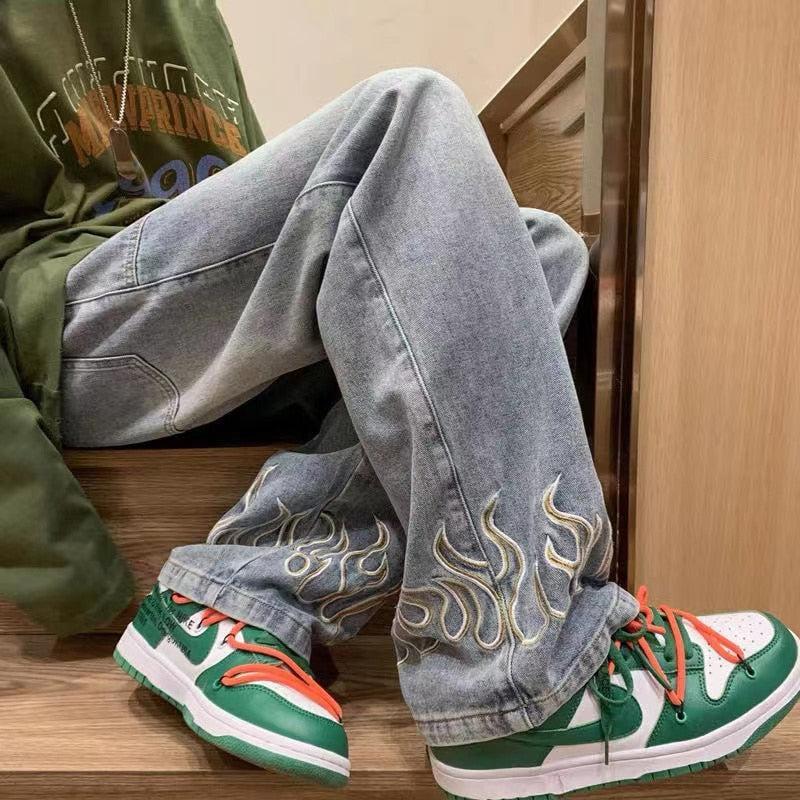 Flame Print Jeans for Men and Women, Stylish Denim with Bold Flame Designs, Available in Various Fits and colors