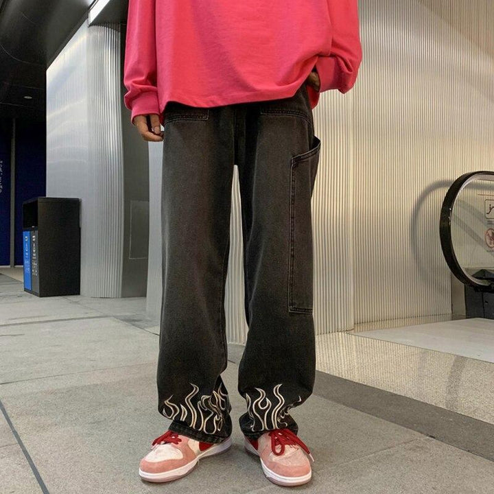 Flame Print Jeans for Men and Women, Stylish Denim with Bold Flame Designs, Available in Various Fits and colors