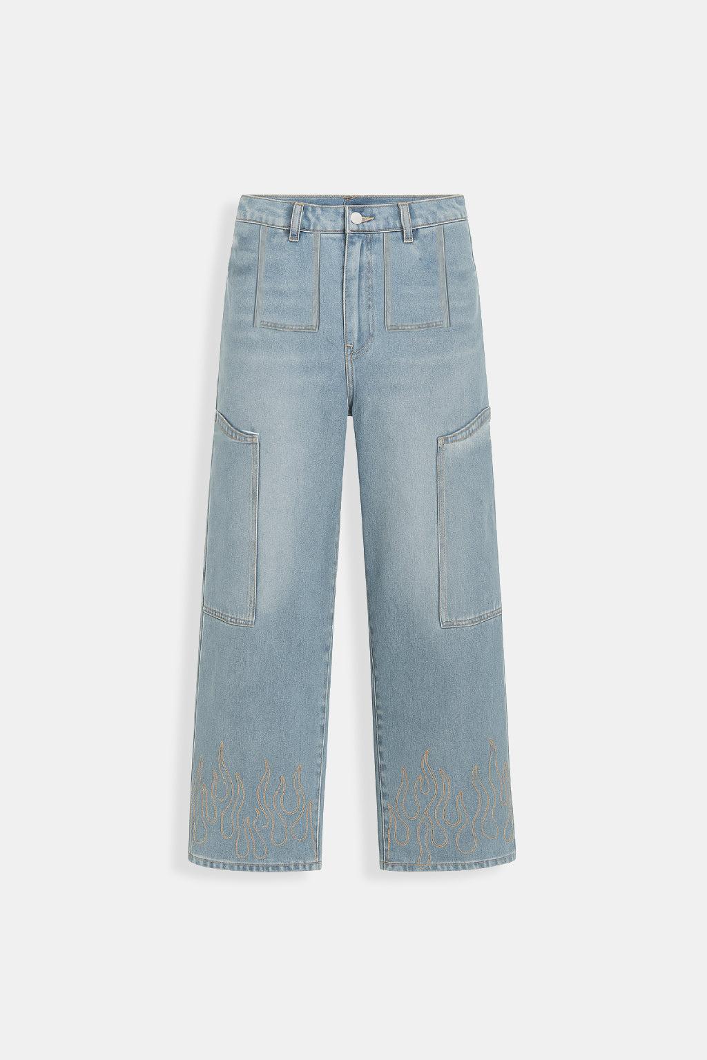 Flame Print Jeans for Men and Women, Stylish Denim with Bold Flame Designs, Available in Various Fits and colors