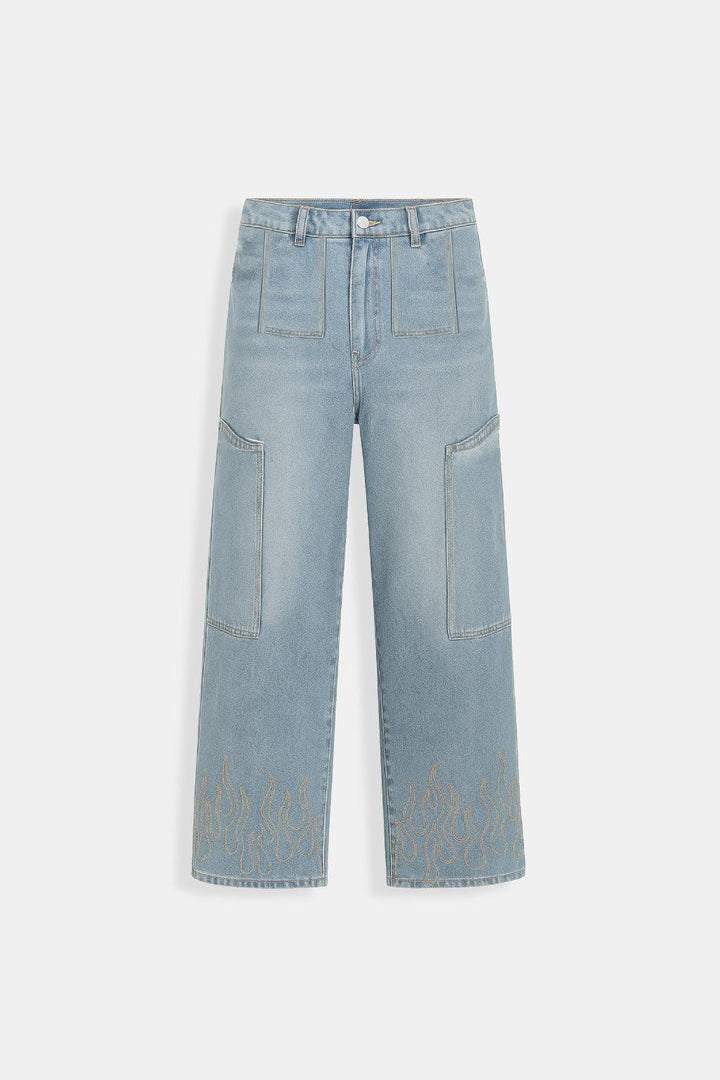 Flame Print Jeans for Men and Women, Stylish Denim with Bold Flame Designs, Available in Various Fits and colors