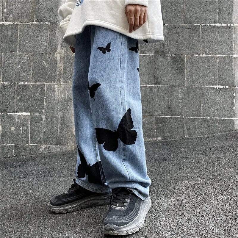 Butterfly Embroidered Wide Leg Jeans, Mid-Rise Stretch Denim, Comfortable Casual Fit with Eye-Catching Designs