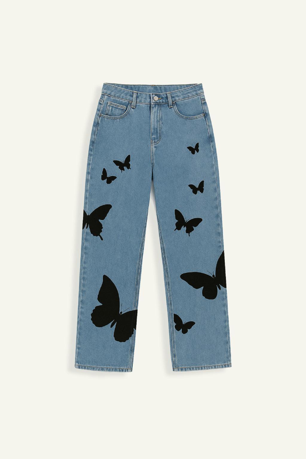 Butterfly Embroidered Wide Leg Jeans, Mid-Rise Stretch Denim, Comfortable Casual Fit with Eye-Catching Designs