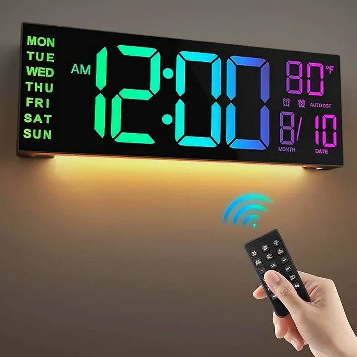 Large Digital Wall Clock with Remote Control, RGB Mood Lighting, Dual Alarm and Countdown Timer for Home or Office