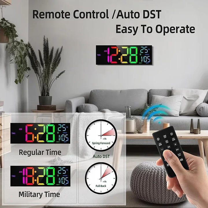 Large Digital Wall Clock with Remote Control, RGB Mood Lighting, Dual Alarm and Countdown Timer for Home or Office