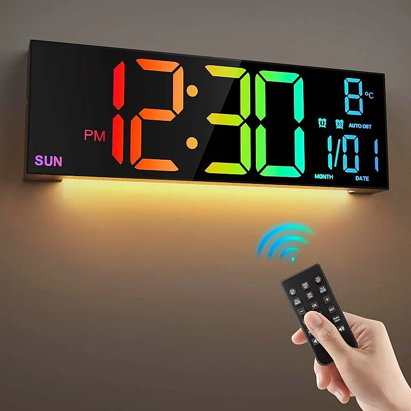 Large Digital Wall Clock with Remote Control, RGB Mood Lighting, Dual Alarm and Countdown Timer for Home or Office