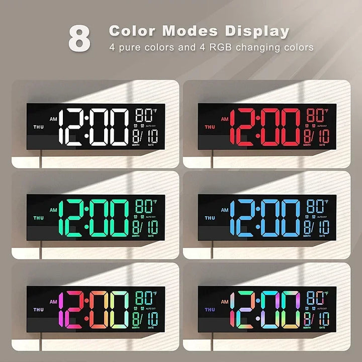 Large Digital Wall Clock with Remote Control, RGB Mood Lighting, Dual Alarm and Countdown Timer for Home or Office
